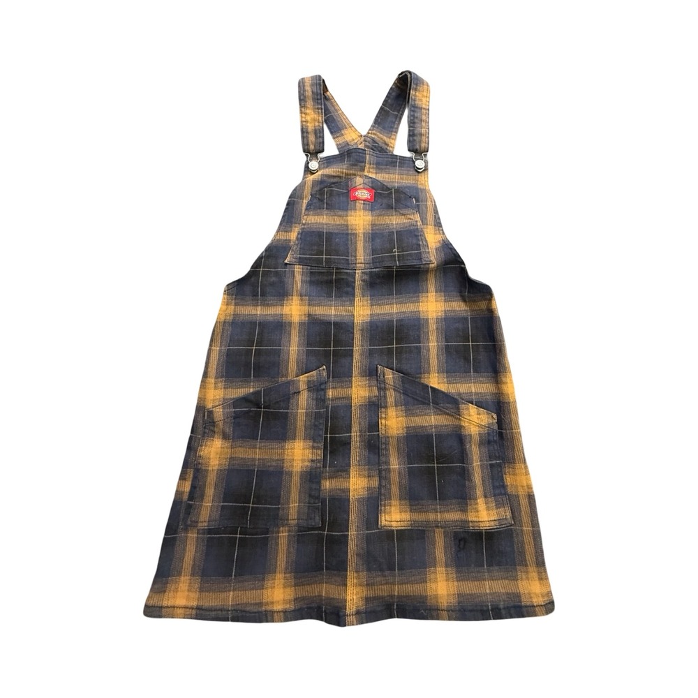 Dickies Overall Dress Womens S Yellow Navy Plaid Workwear Cotton Cottagecore